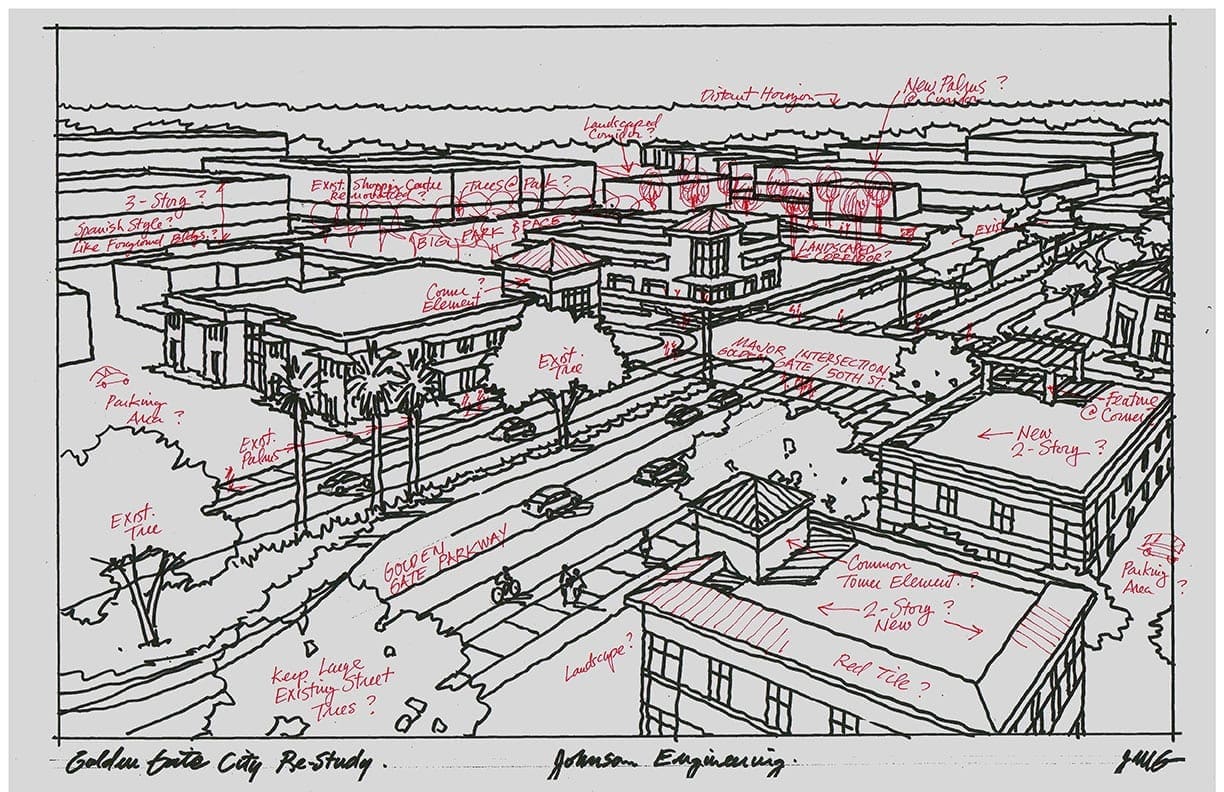 Rough Freehand Perspective Sketch of Redevelopment District