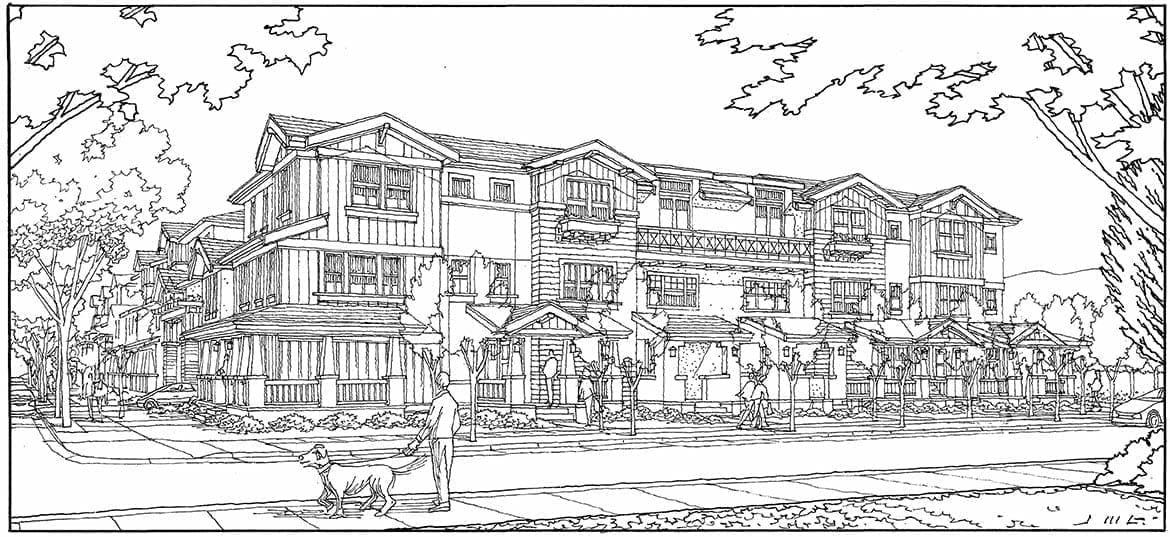 Perspective Line Drawing of Craftsman Style Residential Project