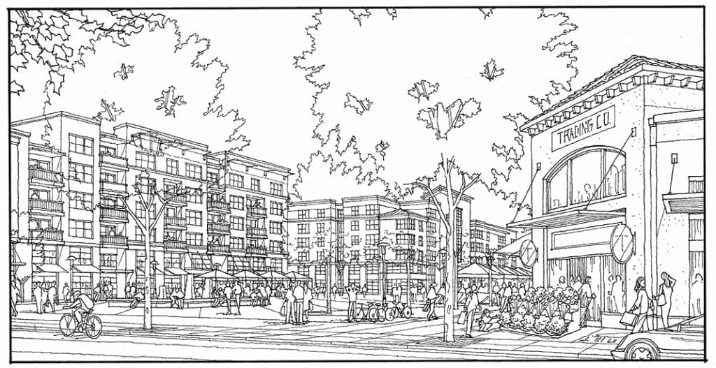 Hand Drawn Perspective Line Drawing of Large Urban Project