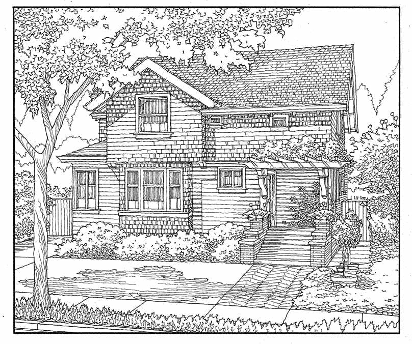 Freehand Line Drawing of Vintage Home in San Jose, CA.