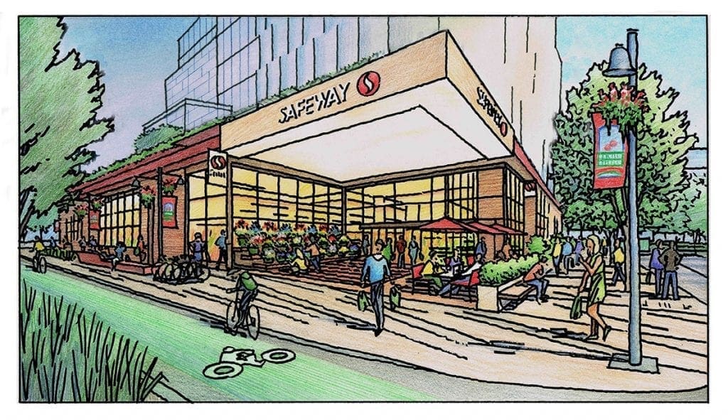 Color Pencil Rendering of Grocery Store with Office Building Above near San Francisco