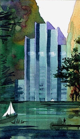Watercolor Painting by Jeffrey Michael George of Waterfall Building