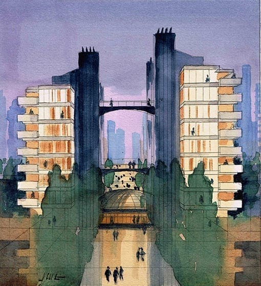 Watercolor Sketch of Wright Inspired Towers Designed by Jeffrey Michael George