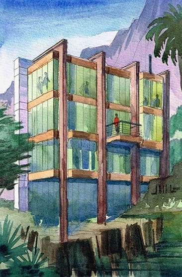 Watercolor of Hillside House designed by Jeffrey Michael George