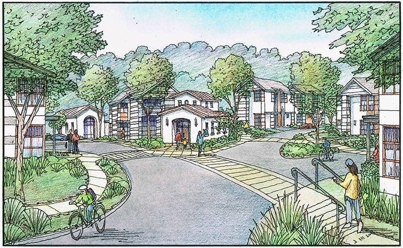 Hand Drawn Color Pencil Rendering of Proposed Faculty Housing for College in Oakland, CA.