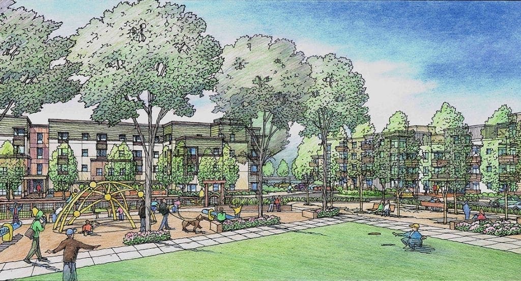 Hand Drawn Color Rendering of Park within Planned Senior Housing for Santa Rosa