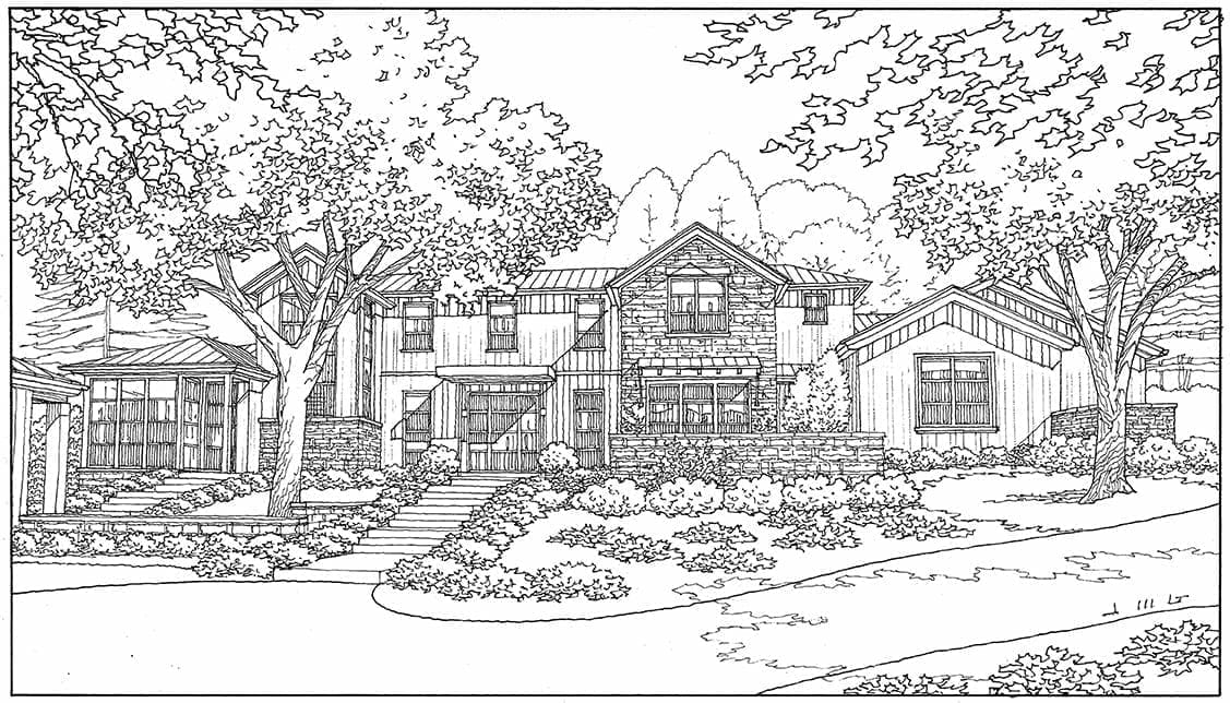 Freehand Line Drawing of Custom Home in Los Altos Hills, California