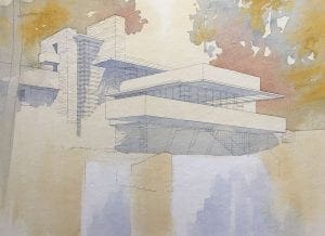 Watercolor Painting of Frank Lloyd Wright's Falling Water by Jeffrey Michael George