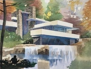 Watercolor Painting of Frank Lloyd Wright's Falling Water by Jeffrey Michael George