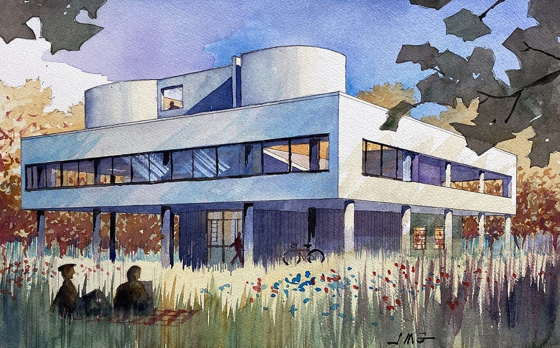 Watercolor Painting of Villa Savoy by French Architect Le Corbusier