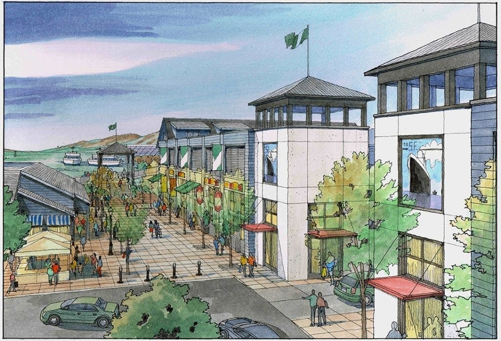 Watercolor of Conceptual Design for Retail, Parking around San Francisco Bay Area