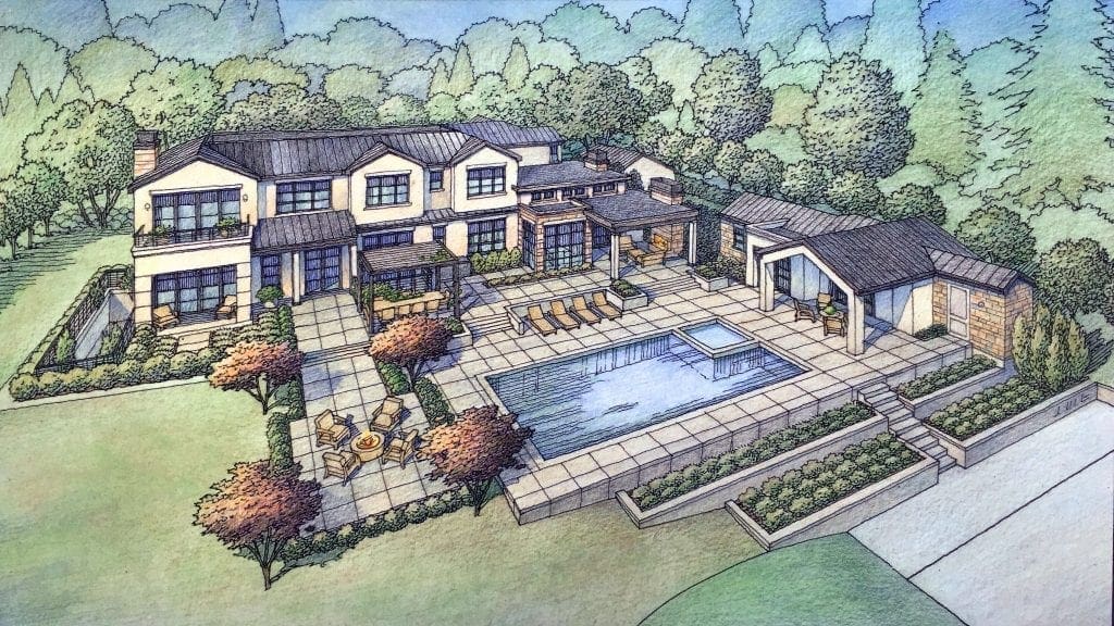 Front Perspective and Aerial Rendering of Los Altos Hills Custom Residence