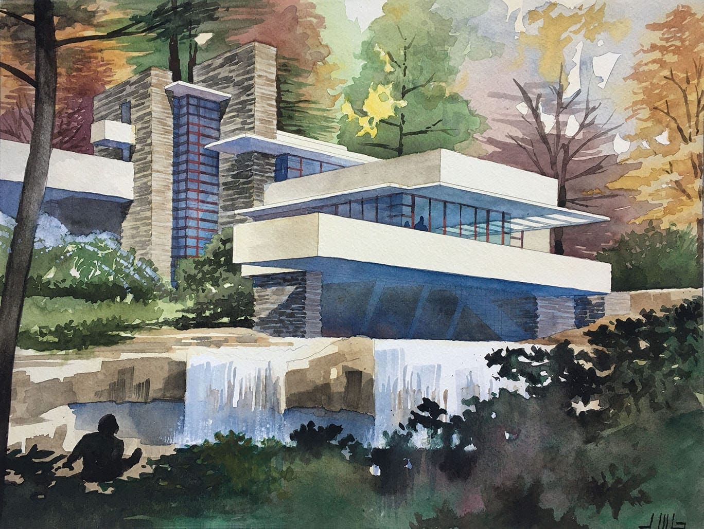 Watercolor Painting of Frank Lloyd Wright's Falling Water by Jeffrey Michael George