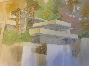 Watercolor Painting of Frank Lloyd Wright's Falling Water by Jeffrey Michael George
