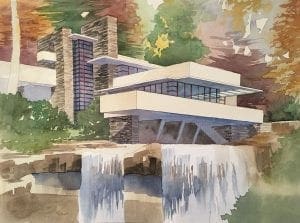 Watercolor Painting of Frank Lloyd Wright's Falling Water by Jeffrey Michael George